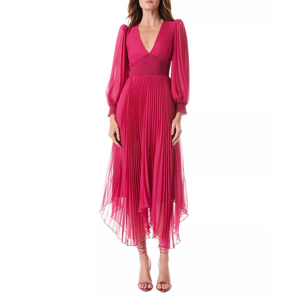 Alice and Olivia Sion Sunburst Pleated Smocked Waist Midi Dress Size 6